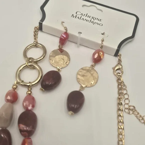 Catherine Malandrino Adj Necklace Earrings Set Layered Pink Iridescent Gold Tone - Picture 6 of 9